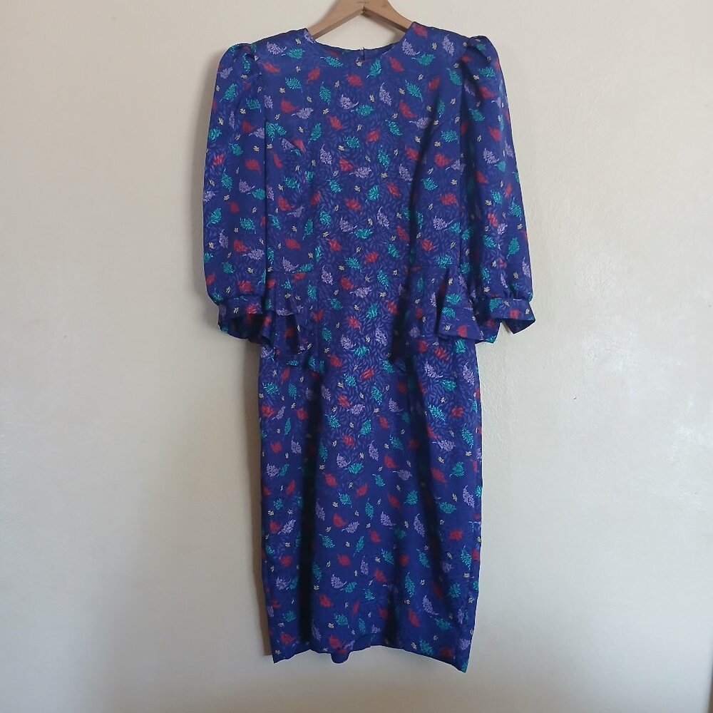 Vintage 80's Lisa Petites Blue Leaf Dress w/Hip Ruffles Women's Size 6